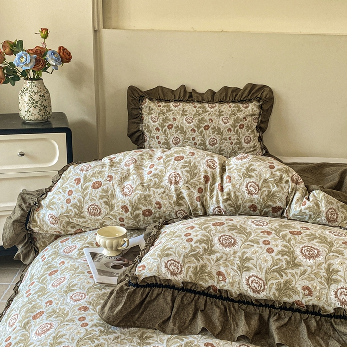 91家纺网 家纺一手货源 找家纺 赛琳 2026新款复古风亚麻原麻花边四件套（有买家秀） 太阳花