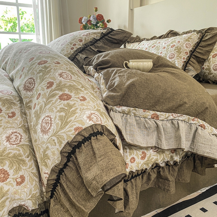 91家纺网 家纺一手货源 找家纺 赛琳 2026新款复古风亚麻原麻花边四件套（有买家秀） 太阳花