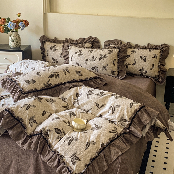 91家纺网 家纺一手货源 找家纺 赛琳 2026新款复古风亚麻原麻花边四件套（有买家秀） 叶影