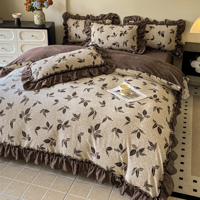 91家纺网 家纺一手货源 找家纺 赛琳 2026新款复古风亚麻原麻花边四件套（有买家秀） 叶影