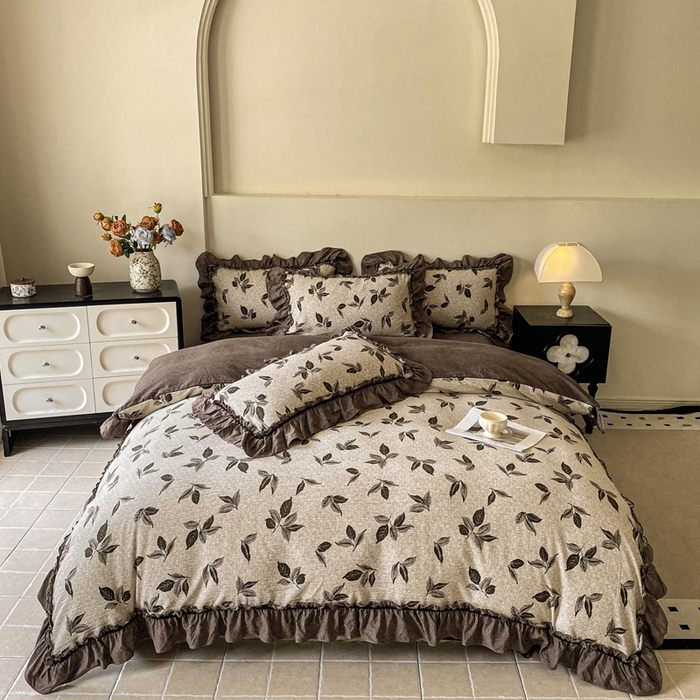 91家纺网 家纺一手货源 找家纺 赛琳 2026新款复古风亚麻原麻花边四件套（有买家秀） 叶影