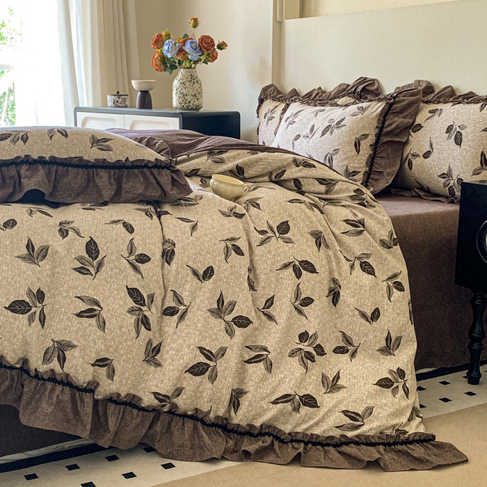 91家纺网 家纺一手货源 找家纺 赛琳 2026新款复古风亚麻原麻花边四件套（有买家秀） 叶影