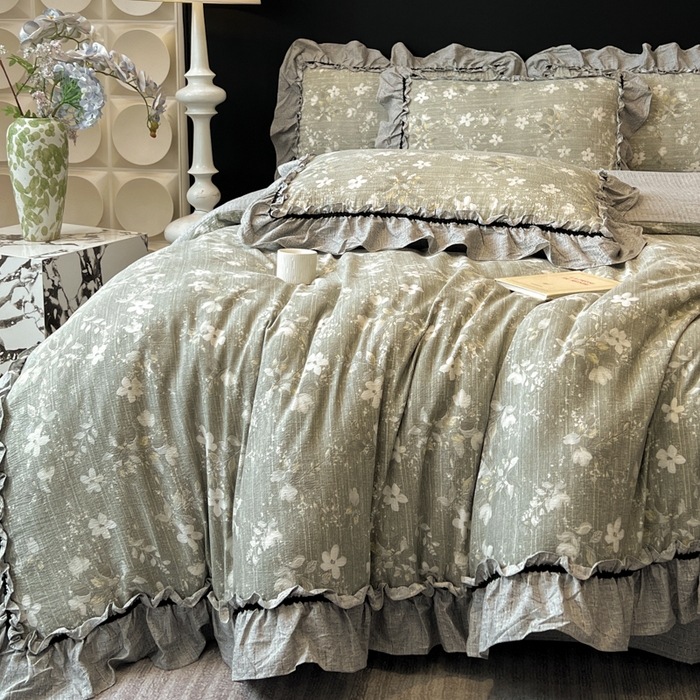 91家纺网 家纺一手货源 找家纺 赛琳 2026新款复古风亚麻原麻花边四件套（有买家秀） 幽兰拂晓