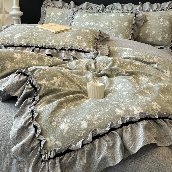 91家纺网 家纺一手货源 找家纺 赛琳 2026新款复古风亚麻原麻花边四件套（有买家秀） 幽兰拂晓