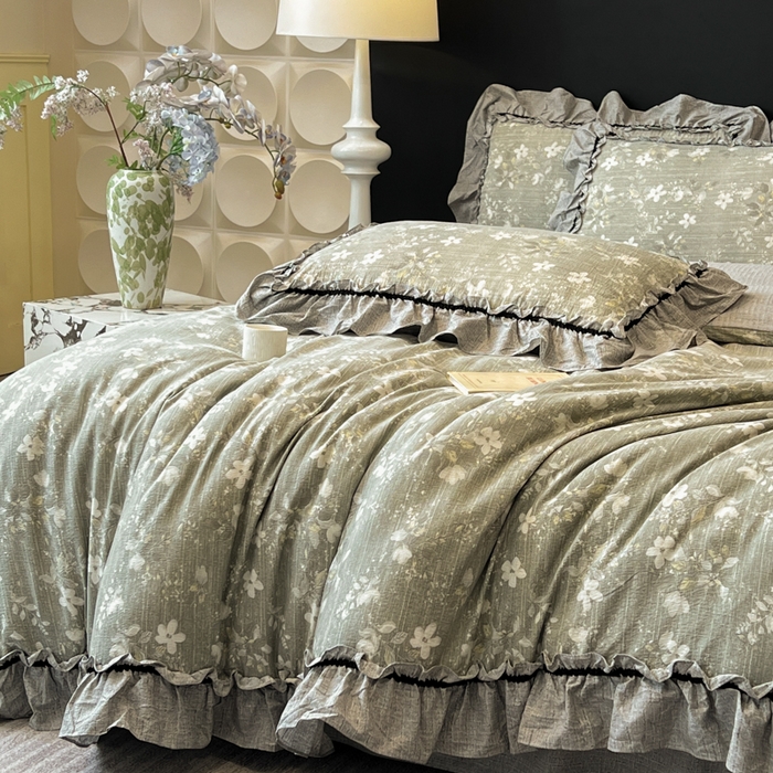 91家纺网 家纺一手货源 找家纺 赛琳 2026新款复古风亚麻原麻花边四件套（有买家秀） 幽兰拂晓