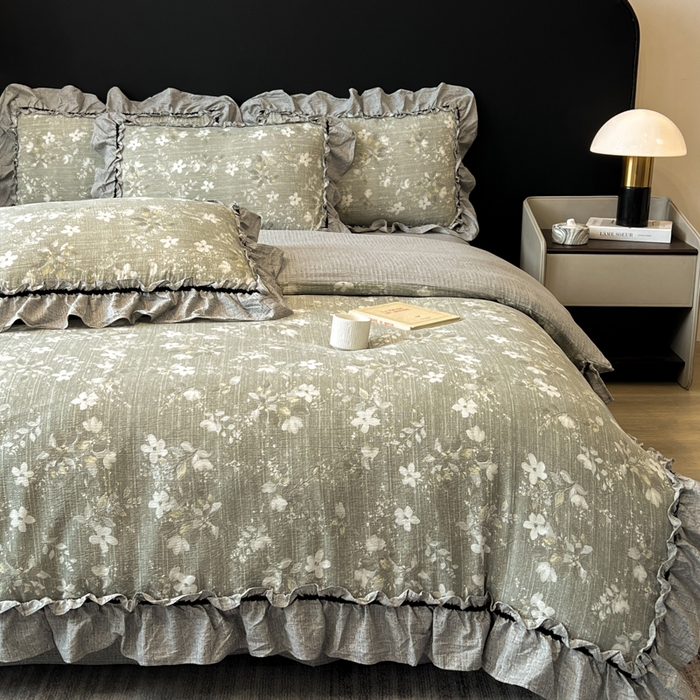 91家纺网 家纺一手货源 找家纺 赛琳 2026新款复古风亚麻原麻花边四件套（有买家秀） 幽兰拂晓