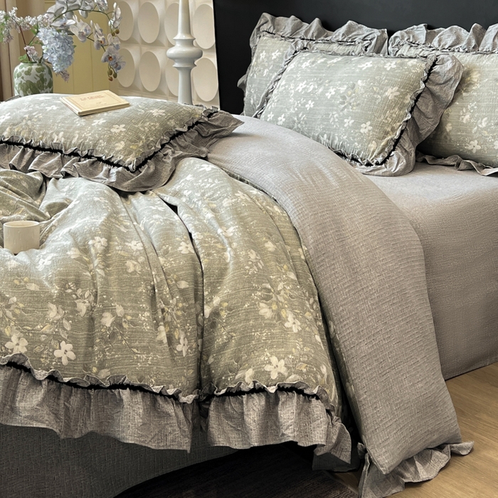 91家纺网 家纺一手货源 找家纺 赛琳 2026新款复古风亚麻原麻花边四件套（有买家秀） 幽兰拂晓