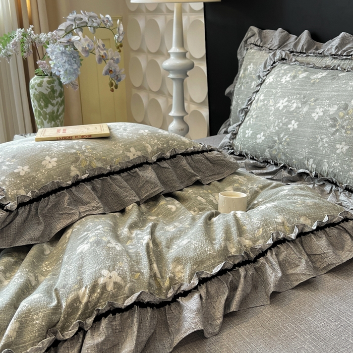 91家纺网 家纺一手货源 找家纺 赛琳 2026新款复古风亚麻原麻花边四件套（有买家秀） 幽兰拂晓