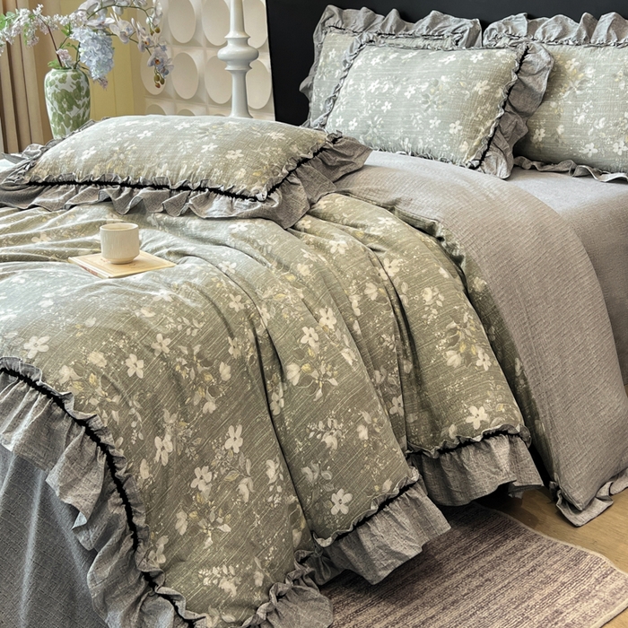 91家纺网 家纺一手货源 找家纺 赛琳 2026新款复古风亚麻原麻花边四件套（有买家秀） 幽兰拂晓