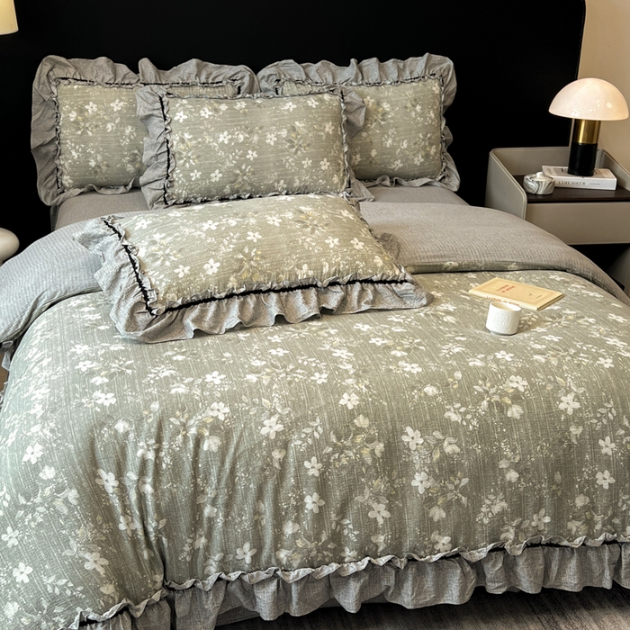 91家纺网 家纺一手货源 找家纺 赛琳 2026新款复古风亚麻原麻花边四件套（有买家秀） 幽兰拂晓