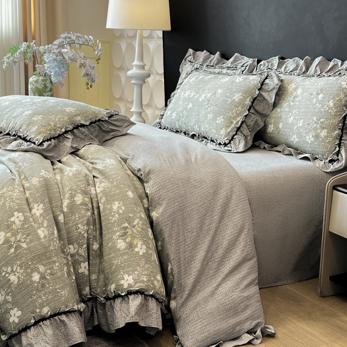 91家纺网 家纺一手货源 找家纺 赛琳 2026新款复古风亚麻原麻花边四件套（有买家秀） 幽兰拂晓