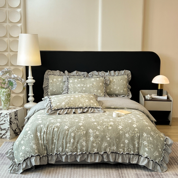 91家纺网 家纺一手货源 找家纺 赛琳 2026新款复古风亚麻原麻花边四件套（有买家秀） 幽兰拂晓