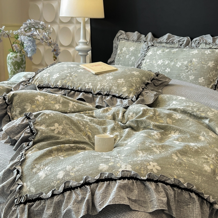 91家纺网 家纺一手货源 找家纺 赛琳 2026新款复古风亚麻原麻花边四件套（有买家秀） 幽兰拂晓