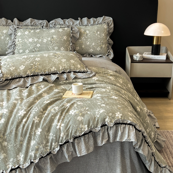 91家纺网 家纺一手货源 找家纺 赛琳 2026新款复古风亚麻原麻花边四件套（有买家秀） 幽兰拂晓