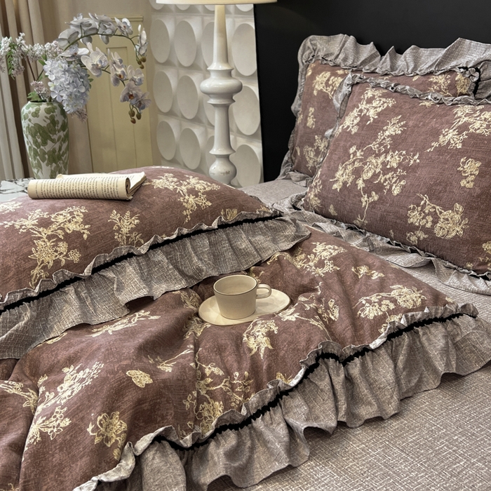 91家纺网 家纺一手货源 找家纺 赛琳 2026新款复古风亚麻原麻花边四件套（有买家秀） 月华绣影