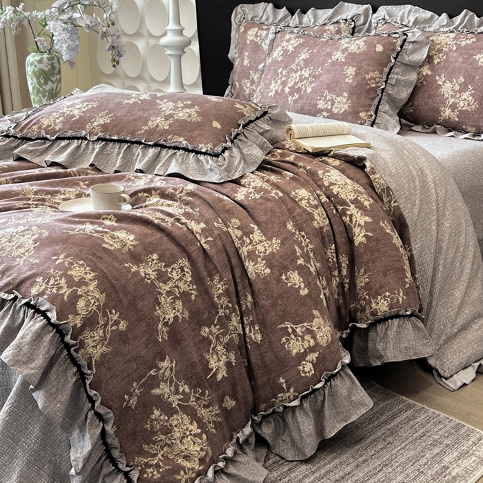 91家纺网 家纺一手货源 找家纺 赛琳 2026新款复古风亚麻原麻花边四件套（有买家秀） 月华绣影