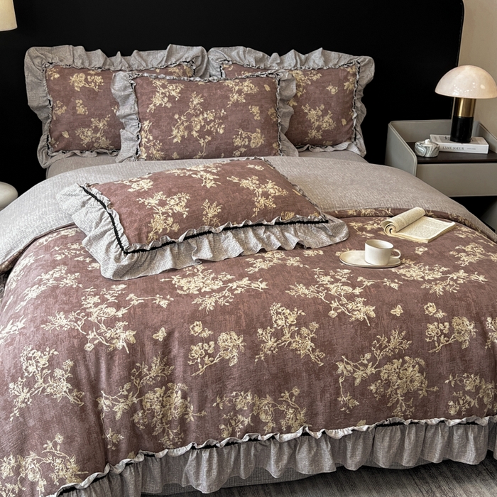 91家纺网 家纺一手货源 找家纺 赛琳 2026新款复古风亚麻原麻花边四件套（有买家秀） 月华绣影