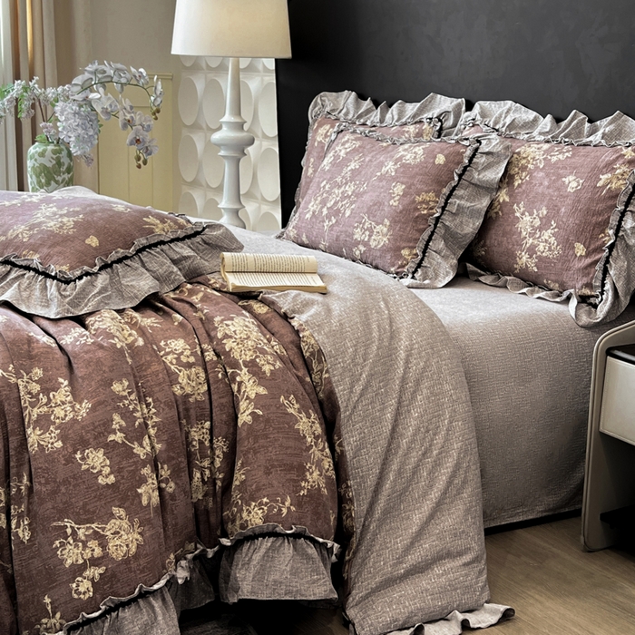 91家纺网 家纺一手货源 找家纺 赛琳 2026新款复古风亚麻原麻花边四件套（有买家秀） 月华绣影