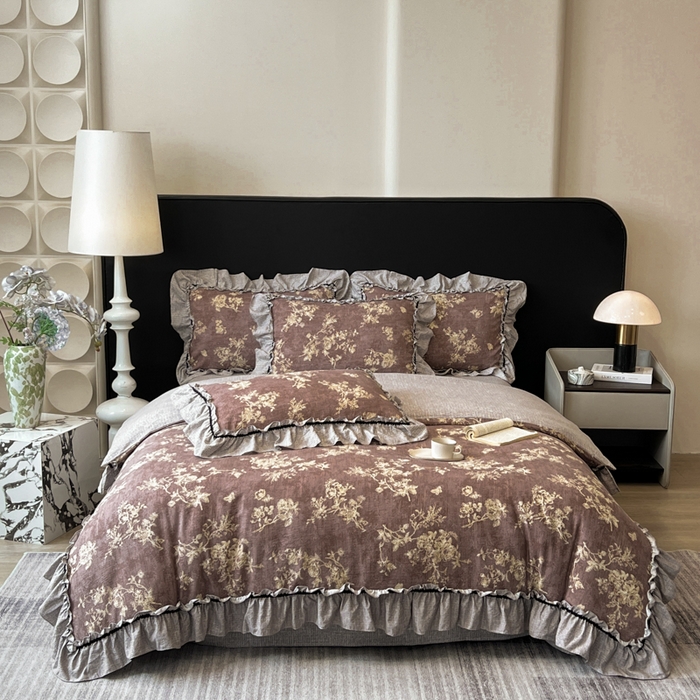 91家纺网 家纺一手货源 找家纺 赛琳 2026新款复古风亚麻原麻花边四件套（有买家秀） 月华绣影