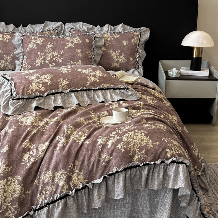 91家纺网 家纺一手货源 找家纺 赛琳 2026新款复古风亚麻原麻花边四件套（有买家秀） 月华绣影