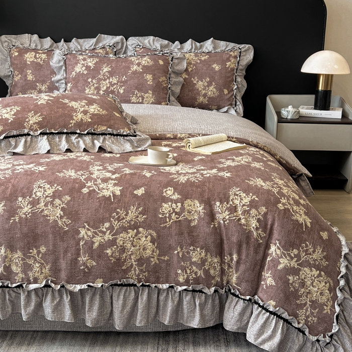 91家纺网 家纺一手货源 找家纺 赛琳 2026新款复古风亚麻原麻花边四件套（有买家秀） 月华绣影