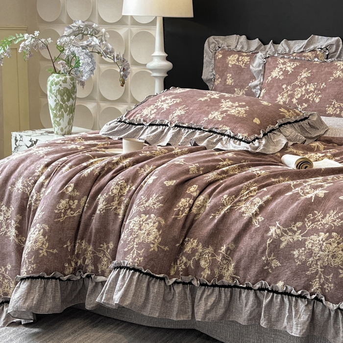 91家纺网 家纺一手货源 找家纺 赛琳 2026新款复古风亚麻原麻花边四件套（有买家秀） 月华绣影