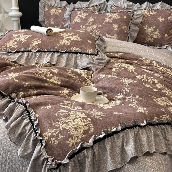 91家纺网 家纺一手货源 找家纺 赛琳 2026新款复古风亚麻原麻花边四件套（有买家秀） 月华绣影