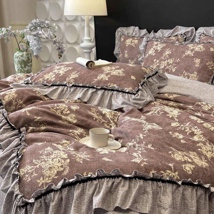 91家纺网 家纺一手货源 找家纺 赛琳 2026新款复古风亚麻原麻花边四件套（有买家秀） 月华绣影