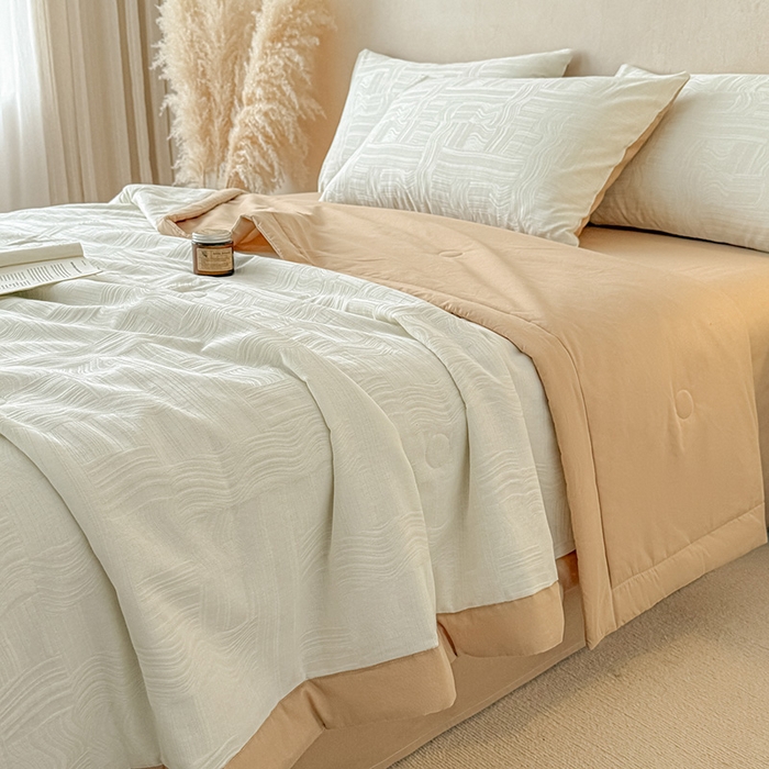 一加一 2026新款全棉纯棉三层纱色织提花大豆夏被四件套-云棉肌理 幻纤影（米白）