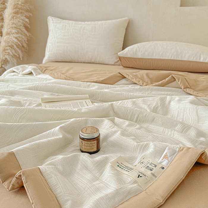 91家纺网 家纺一手货源 找家纺 一加一 2026新款全棉纯棉三层纱色织提花大豆夏被四件套-云棉肌理 幻纤影（米白）