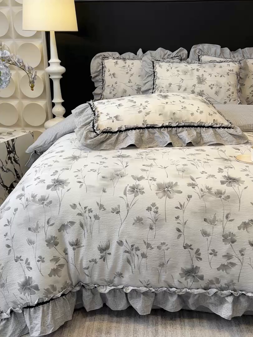 91家纺网 家纺一手货源 找家纺 赛琳 2026新款复古风亚麻原麻花边四件套（有买家秀） 秘境烟雨