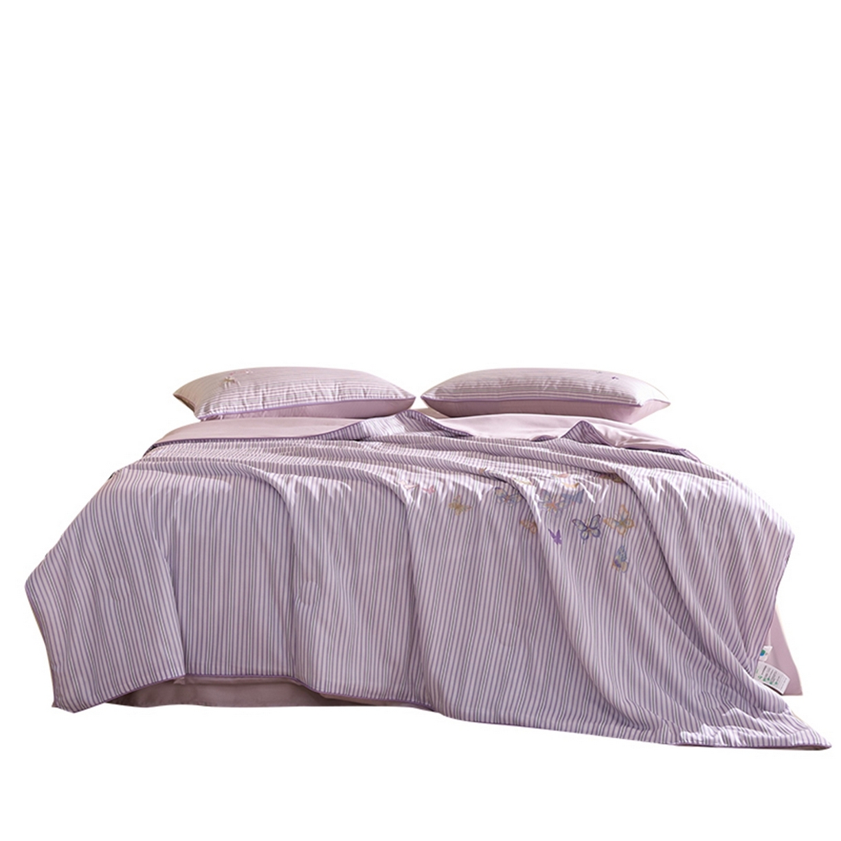 91家纺网 家纺一手货源 找家纺 慕晨 2026新款天丝莱赛尔数码印加绣花高级简奢丝滑丝绸卡通款夏被四件套 彩蝶