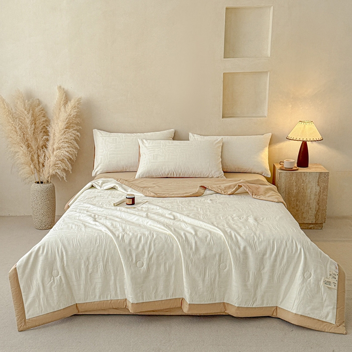 91家纺网 家纺一手货源 找家纺 一加一 2026新款全棉纯棉三层纱色织提花大豆夏被四件套-云棉肌理 幻纤影（米白）