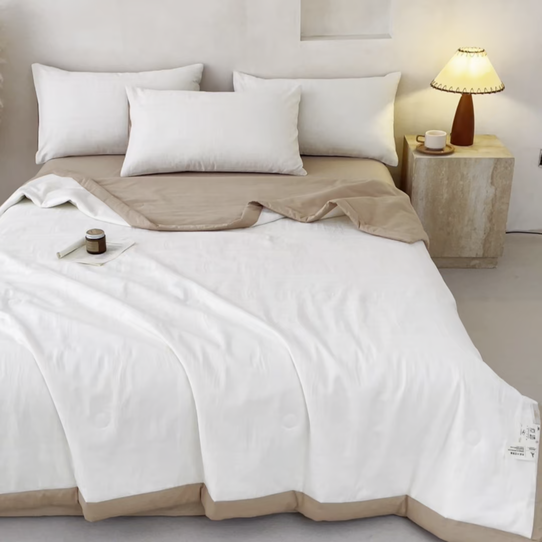 91家纺网 家纺一手货源 找家纺 一加一 2026新款全棉纯棉三层纱色织提花大豆夏被四件套-云棉肌理 幻纤影（米白）