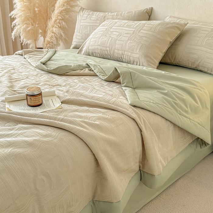 一加一 2026新款全棉纯棉三层纱色织提花大豆夏被四件套-云棉肌理 幻纤影（浅茶色）