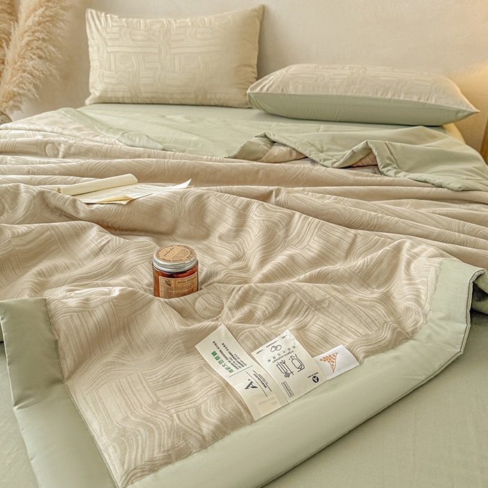 91家纺网 家纺一手货源 找家纺 一加一 2026新款全棉纯棉三层纱色织提花大豆夏被四件套-云棉肌理 幻纤影（浅茶色）