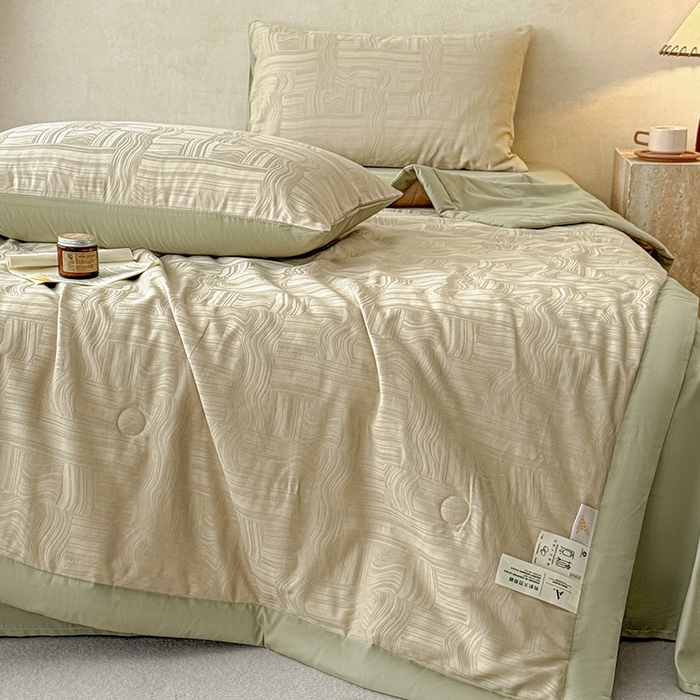 91家纺网 家纺一手货源 找家纺 一加一 2026新款全棉纯棉三层纱色织提花大豆夏被四件套-云棉肌理 幻纤影（浅茶色）