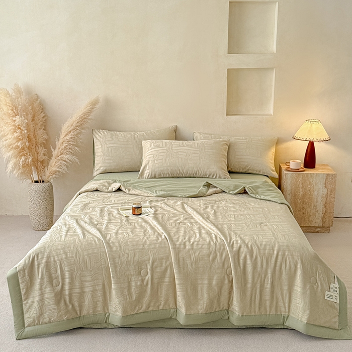 91家纺网 家纺一手货源 找家纺 一加一 2026新款全棉纯棉三层纱色织提花大豆夏被四件套-云棉肌理 幻纤影（浅茶色）