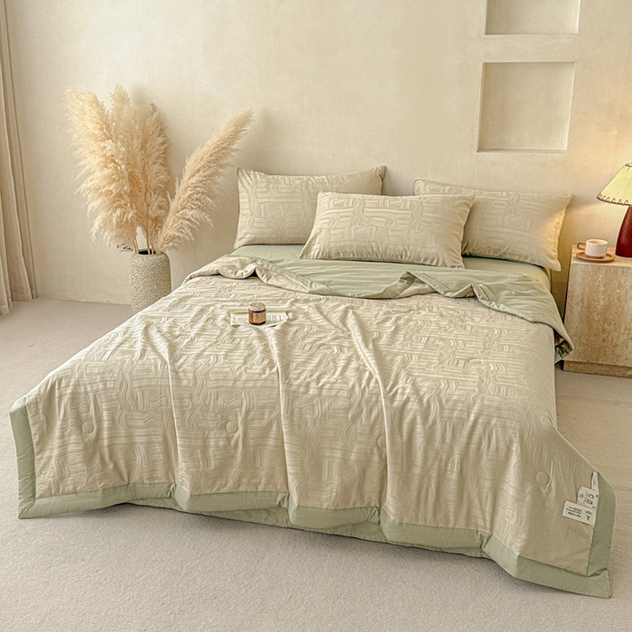 91家纺网 家纺一手货源 找家纺 一加一 2026新款全棉纯棉三层纱色织提花大豆夏被四件套-云棉肌理 幻纤影（浅茶色）