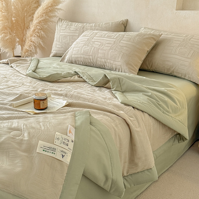91家纺网 家纺一手货源 找家纺 一加一 2026新款全棉纯棉三层纱色织提花大豆夏被四件套-云棉肌理 幻纤影（浅茶色）