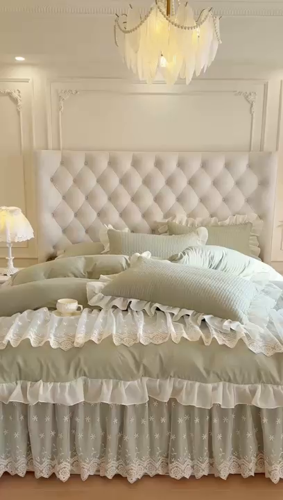 91家纺网 家纺一手货源 找家纺 （总）瑞宝 2026新款泡芙棉花边床裙四件套-栀子海