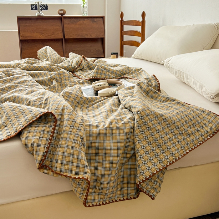 91家纺网 家纺一手货源 找家纺 （总）逸林家纺2026新款水洗棉夏被无印风格子夏被空调被贝壳绣系列学生单/双人夏被