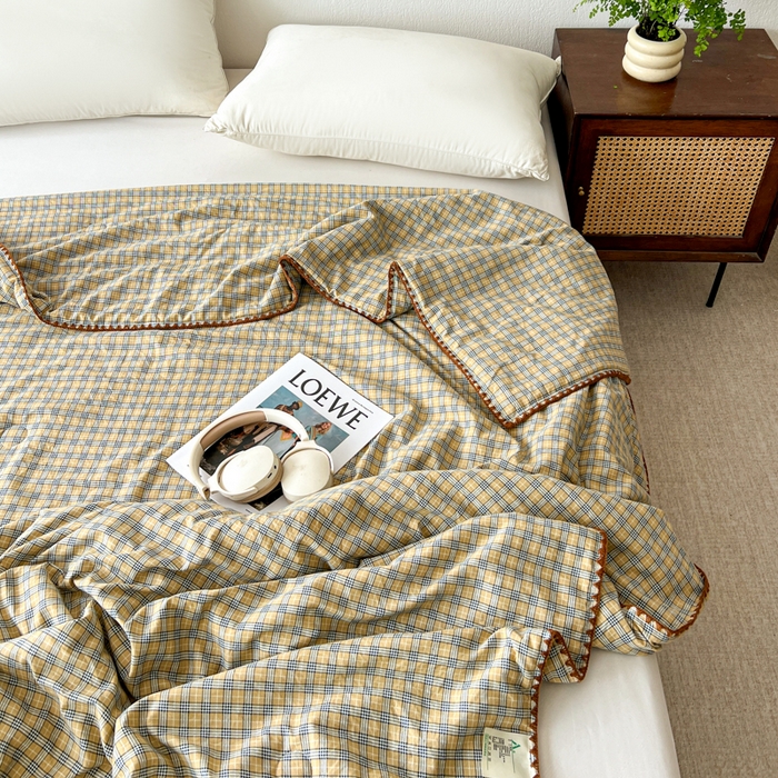 91家纺网 家纺一手货源 找家纺 （总）逸林家纺2026新款水洗棉夏被无印风格子夏被空调被贝壳绣系列学生单/双人夏被