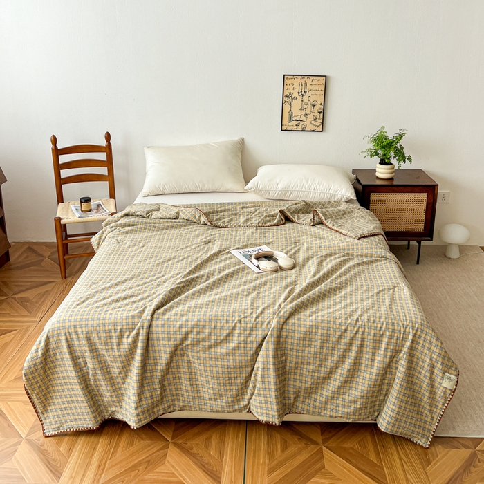 91家纺网 家纺一手货源 找家纺 （总）逸林家纺2026新款水洗棉夏被无印风格子夏被空调被贝壳绣系列学生单/双人夏被