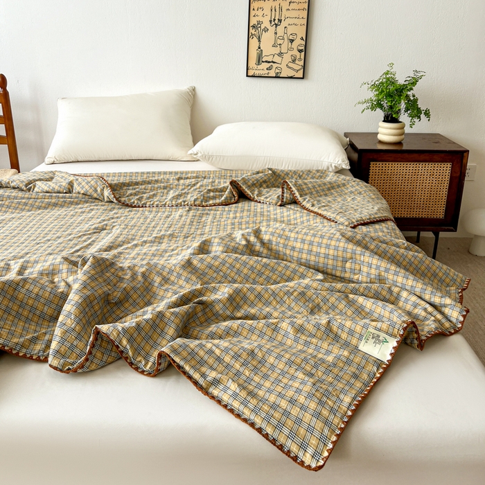 91家纺网 家纺一手货源 找家纺 （总）逸林家纺2026新款水洗棉夏被无印风格子夏被空调被贝壳绣系列学生单/双人夏被