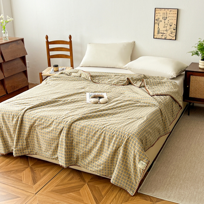 91家纺网 家纺一手货源 找家纺 （总）逸林家纺2026新款水洗棉夏被无印风格子夏被空调被贝壳绣系列学生单/双人夏被