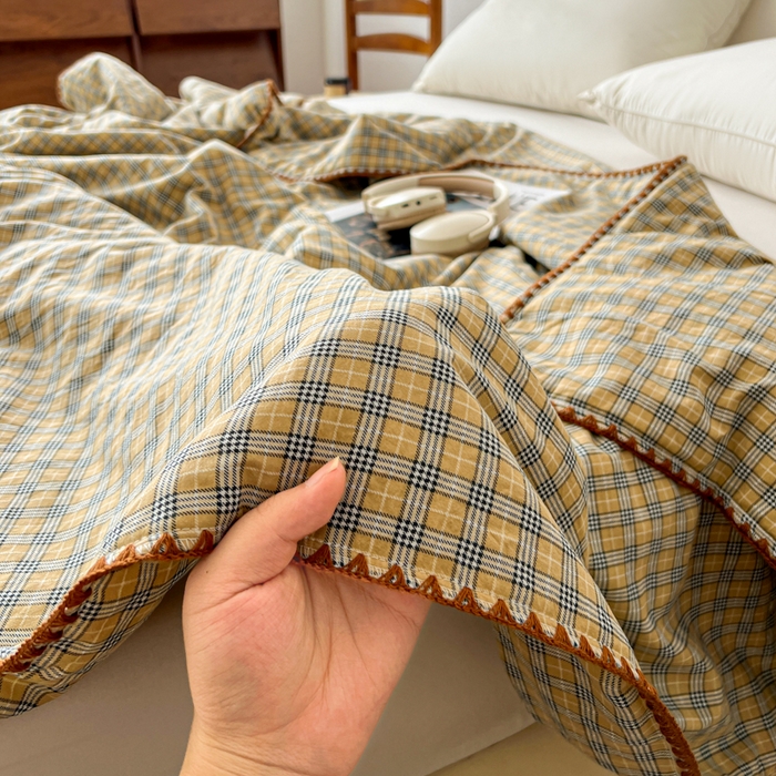 91家纺网 家纺一手货源 找家纺 （总）逸林家纺2026新款水洗棉夏被无印风格子夏被空调被贝壳绣系列学生单/双人夏被