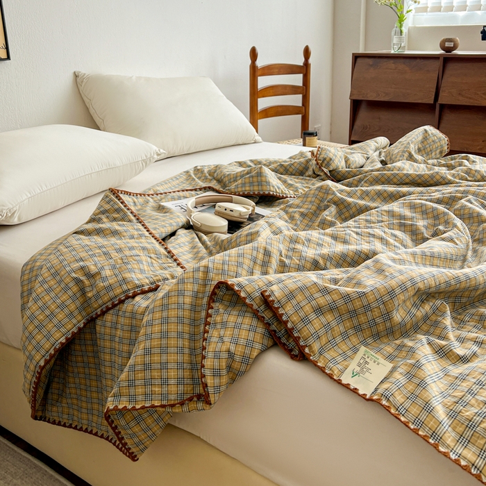 91家纺网 家纺一手货源 找家纺 （总）逸林家纺2026新款水洗棉夏被无印风格子夏被空调被贝壳绣系列学生单/双人夏被