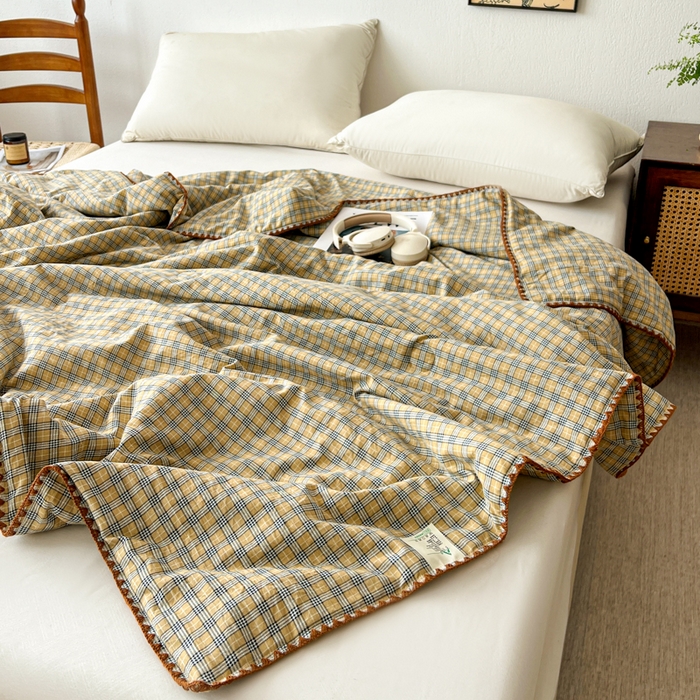 91家纺网 家纺一手货源 找家纺 （总）逸林家纺2026新款水洗棉夏被无印风格子夏被空调被贝壳绣系列学生单/双人夏被