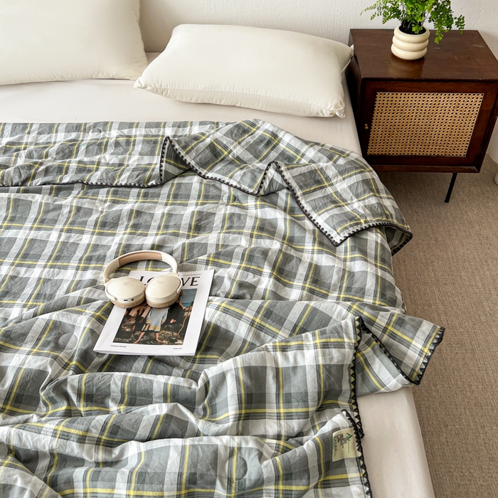 91家纺网 家纺一手货源 找家纺 逸林家纺2026新款水洗棉夏被无印风格子夏被空调被贝壳绣系列学生单/双人夏被 雅格-灰